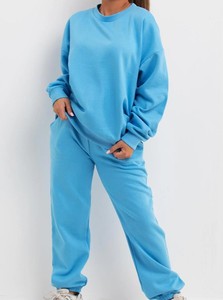 Conjunto Deportivo Azul Sólido para Mujer, Talla Grande, Cuello Redondo, Manga Larga, Corte Holgado, Informal, Pantalones Deportivos, Otoño, 100% Algodón, Peso Medio - Product Image 6