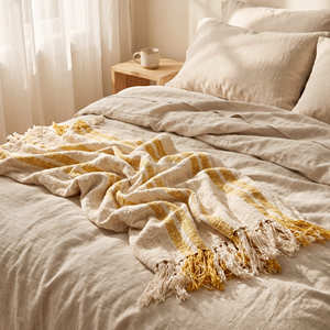 Cream and <b>Mustard</b> Slub Cotton <b>Throw</b> 140x200 cm with Handloom Texture and Fringe for Bed Sofa and Bohemian Home Styling - Product Image 1