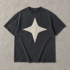 Custom Logo Men's Vintage Wash Black Streetwear T-<b>Shirt</b> Heavyweight Cotton Boxy Tee with Star Applique Wholesale - Product Image 1