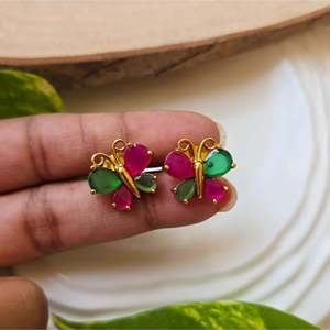 24K Gold Plated Butterfly Stud Earrings with Pearl and Diamond Accents - Product Image 3