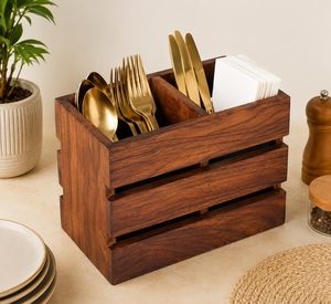 Wooden Cutlery <b>Holder</b> for <b>Kitchen</b> Countertop Sheesham Wood <b>Utensil</b> Organizer Rustic Flatware Caddy 2 Compartment Spoon Fork etc - Product Image 2