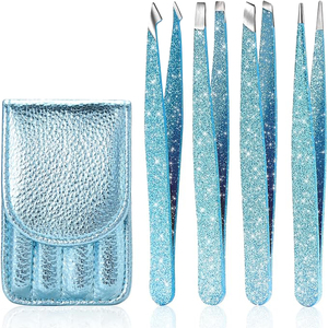 Pince à épiler professionnelle en acier inoxydable pour sourcils, faible MOQ, luxe, bleue, 4 pièces, pointues, obliques, plates, angulaires, durables, avec étui - Product Image 1