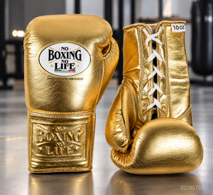 Gants de boxe No Boxing No Life en cuir blanc et or, à lacets, avec sangle de poignet réglable, pour adultes, gants d'entraînement, fabriqués au Mexique. - Product Image 2