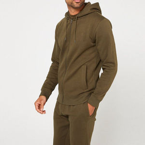 Men's Olive Green Hooded Tracksuit Set Full Zip Sweatshirt Jogger Pants Solid Color Casual Autumn Wear Anti-Shrink Lightweight - Product Image 1