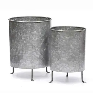 Garden Galvanized Cylindrical Shape Metal Planters pot For Home & Garden Decoration Flower pot with Plant Stand