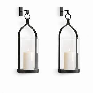 Ensemble de appliques murales modernes en métal noir avec bougeoirs en verre suspendus, support fermé, construction robuste, lumière chaude, décoration élégante pour la maison - Product Image 1