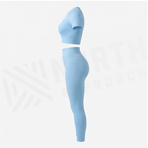 North Approach 2 Piece Yoga Set Light <b>Blue</b> Crop Top Full Length <b>Leggings</b> Seamless Breathable <b>Women's</b> Sportswear - Product Image 3