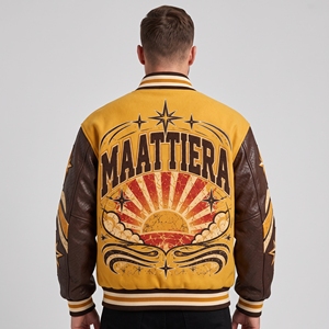 Chaqueta de Cuero para Hombre, Color Amarillo Marrón, con Mangas de Cuero, Bordado Personalizado, Estilo Racing Streetwear, Cierre de Botones a Presión, Estilo Varsity - Product Image 1