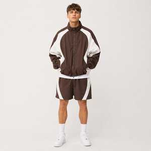 Conjunto de cortavientos con capucha y bloques de color para hombre, chaqueta ligera con cremallera y pantalones cortos a juego, ropa deportiva informal para correr y actividades al aire libre para hombre - Product Image 1