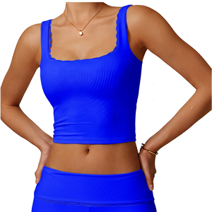 Top Corto Rosa para Mujer con Cuello Cuadrado y Ribete de Encaje, Transpirable, para Yoga, Color Sólido, Soporte Medio - Product Image 4