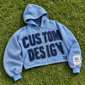 Rexfit Sports Full Zip <b>Hoodie</b> Featuring <b>Large</b> Distressed Applique Rhinestone Detail Soft Fleece Fabric And Relaxed Streetwear - Product Image 4
