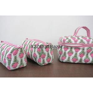 Ensemble de trousses de toilette pour femmes en coton durable, écologiques, à rayures, imprimées à la main, avec fermeture éclair - Product Image 3