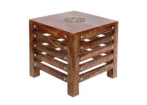 Aqdus Saleem Handmade Wooden Ottoman <b>Cube</b> Storage Side Table with Carved Top Accent Stool for Living Room Bedroom Tabletop - Product Image 2