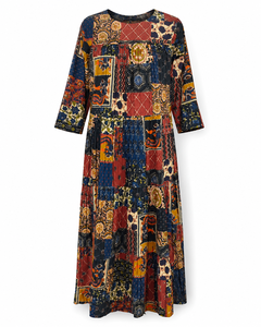 Robe maxi en coton tissé naturel style bohème patchwork pour femme, coupe ajustée, ourlet plissé, tenue décontractée d'été - Product Image 4