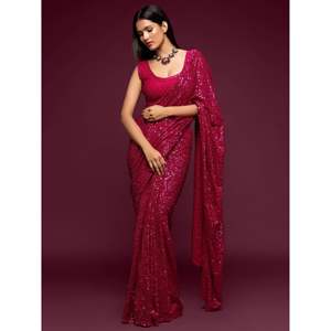 Attrayant Rose Paillettes Georgette Réception Porter Saree Avec Chemisier - Product Image 5