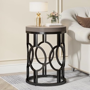 Modern Round Wood Top <b>Iron</b> Frame Coffee <b>Table</b> with Storage Shelf and Geometric Design for Living Room Bedroom Office Furniture - Product Image 3