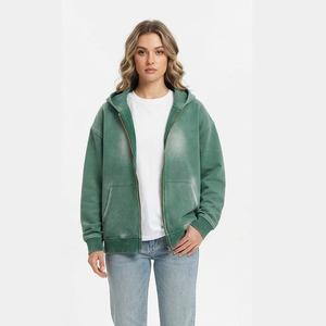 Sudadera con capucha vintage para mujer, con cremallera, hombros caídos, color verde sólido, lavado ácido, manga larga, para otoño - Product Image 1