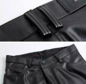 Men's Customizable <b>Black</b> PU Coated Casual Lightweight Moto Biker <b>Trousers</b> Mid Zipper Fly Straight Fit Breathable Side <b>Pockets</b> - Product Image 4