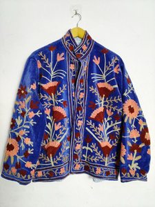 Veste en velours bleu à col mandarin avec broderie florale faite à la main, coupe ample, manches longues, style chinois, vêtements d'hiver pour femmes, meilleur manteau - Product Image 1