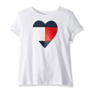 Camiseta Básica de Verano para Niños, Suave y Transpirable, Camiseta Blanca de Manga Corta para Mujer con Estampado de Corazón, Cuello Redondo, Corte Regular, Informal de Verano - Product Image 1