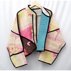 Classy Kantha Blazer With Plaid <b>Pattern</b> And Hand <b>Quilted</b> Shawl Collar Full Sleeve Autumn Women's <b>Jacket</b> - Product Image 3