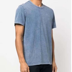 T-shirt en coton bleu délavé pour homme, manches courtes, coupe ample, col rond, jersey décontracté vintage, respirant, couleur unie - Product Image 4