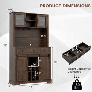 Armario de Despensa Estilo Rústico Marrón de 72 Pulgadas con Puertas Corredizas Tipo Granero y Estante para Vino, Elegante Solución de Almacenamiento para Cocina - Product Image 3