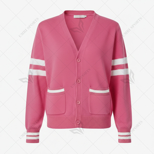 Women's Pink Knitted <b>Cardigan</b> V-Neck Full Sleeve Preppy Style <b>With</b> <b>Pockets</b> 100% Acrylic Single Breasted Casual Wear - Product Image 4