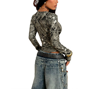 2026 New Trendy Women's Shirts Camo Print Long Sleeve V Neck <b>Top</b> Slim Fit Stretch Fabric Custom Apparel OEM Wholesale Supplier - Product Image 5