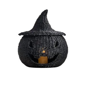 Cesta de calabaza de Halloween de junco marino tejida a mano con tapa, recipiente para dulces y portavelas, para adorno de fiesta de truco o trato - Product Image 1