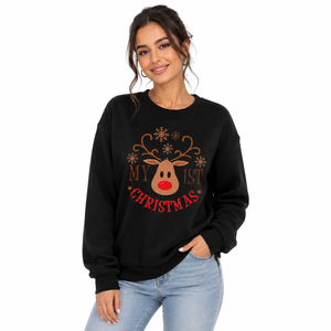 Sudadera negra con estampado de renos navideños para mujer, cuello redondo, manga larga, informal, para las fiestas de invierno - Product Image 1