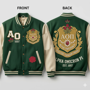 เสื้อแจ็คเก็ตอัลฟ่า โอมิครอน พาย แบบวินเทจ เสื้อแจ็คเก็ตบอมเบอร์ เสื้อแจ็คเก็ตวาร์ซิตี้ เสื้อแจ็คเก็ตสหพันธ์นักศึกษา เสื้อแจ็คเก็ตกรีกไลน์ เสื้อแจ็คเก็ตกรีก เสื้อโค้ทเล็ตเตอร์แมน - Product Image 2