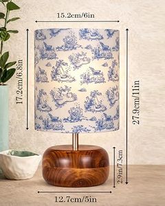 Lampe de table ronde en bois moderne et élégante, abat-jour en tissu, douille E27, motif bleu, décoration d'intérieur - Product Image 2