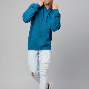 Sudadera con Capucha Azul Sólido para Hombre, Cierre de Cremallera, Corte Regular, Tejido de Algodón, Informal, para Otoño - Product Image 2