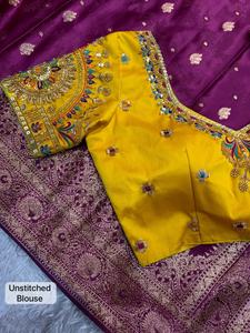 Sari de Seda Banarasi para Mujer, Bordado con Lentejuelas Zari, Estilo Tradicional, Sin Arrugas, Secado Rápido, para Todas las Temporadas, Bodas/Fiestas - Product Image 4