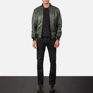 Men's Green Genuine <b>Leather</b> Streetwear Bomber <b>Jacket</b> with Stand Collar Zipper Closure Casual <b>Winter</b> Outwear - Product Image 6