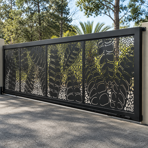 Black Metal Laser Cut <b>Leaf</b> Sliding Gate Modern Outdoor Decorative Security Driveway Entrance Fence Panel for Home Villa Patio - Product Image 2