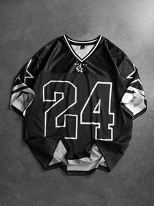 Camiseta Deportiva Negra de Cuello en V Extra Grande para Hombre con Estampado del Número 24, Manga Corta, Estilo Deportivo, Tejido de Malla de Poliéster Transpirable - Product Image 1
