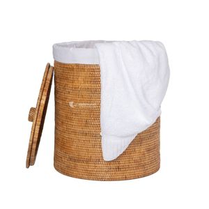 Rattan Laundry Storage <b>Basket</b> <b>With</b> Lid And <b>Handle</b> Circle Shape Rustic Style For Neatening Storage - Product Image 2
