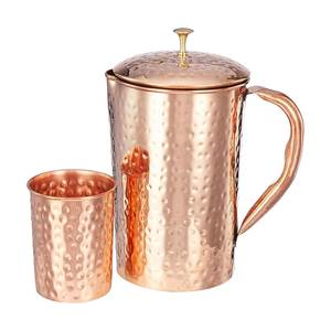 Carafe en cuivre martelé haut de gamme avec accents décoratifs en laiton, carafe de service artisanale bicolore en cuivre et laiton - Product Image 4