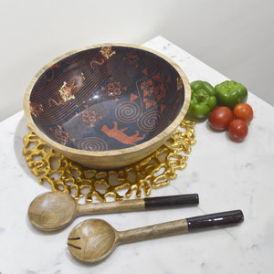 Ensemble de saladiers en bois émaillé avec ustensiles de service, motif tigre, en bois de manguier - Product Image 1