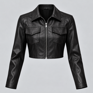 Chaqueta Corta de Mujer, Estilo Trucker, en Cuero Sintético Negro, con Cierre, Cuello Camisero y Manga Larga - Product Image 1