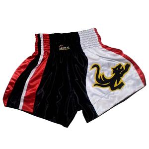 Pantalones cortos de boxeo tailandeses con logotipo personalizado, 100% poliéster, satén de seda, función elástica disponible en stock - Product Image 1