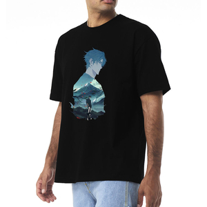 เสื้อยืดแขนสั้นสีดำสำหรับผู้ชาย พิมพ์ลายวิวทิวทัศน์อนิเมะ คอกลม ทรงลำลอง พอดีตัว มีโลโก้ด้านหน้า ผลิตจากผ้าแคนวาสรักษ์โลก - Product Image 5