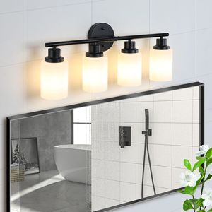 Specchio da Bagno Moderno a 4 Luci da 24 Pollici con Vetro Smerigliato Bianco e Cornice in Ferro Nero, Applique da Parete Contemporanea per Camera da Letto - Product Image 4