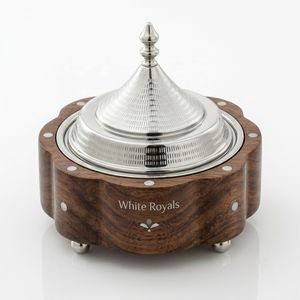 Olla Térmica de Lujo Royal Khaleeji, Base de Madera Natural Hecha a Mano con Incrustaciones de Madreperla y Tapa de Tajín de Acero Inoxidable - Product Image 1