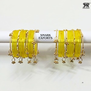 Golden Yellow 32-Piece 2mm Gold Plated Kashmiri Jelly <b>Bangles</b> Set Ghungru Both Hands Traditional <b>Indian</b> Chudi Women's Certified - Product Image 3