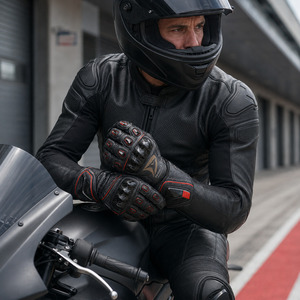 Gants de course DRAVELLE INDUSTRY en cuir respirant à doigts entiers avec fermeture auto-agrippante rouge et noir pour homme - Product Image 4