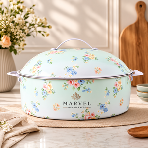 Casserole en acier émaillé floral de qualité supérieure Marvel Handicrafts avec couvercle, pot isotherme pour servir des aliments chauds, élégant ustensile de cuisine, cadeau - Product Image 1