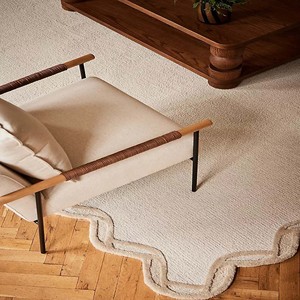 Oatmeal Scalloped Border Area Rug Modern Minimalist Living Room Rug Handmade Style Bedroom Tufted Wool Carpet Farmhouse Decor - Product Image 6